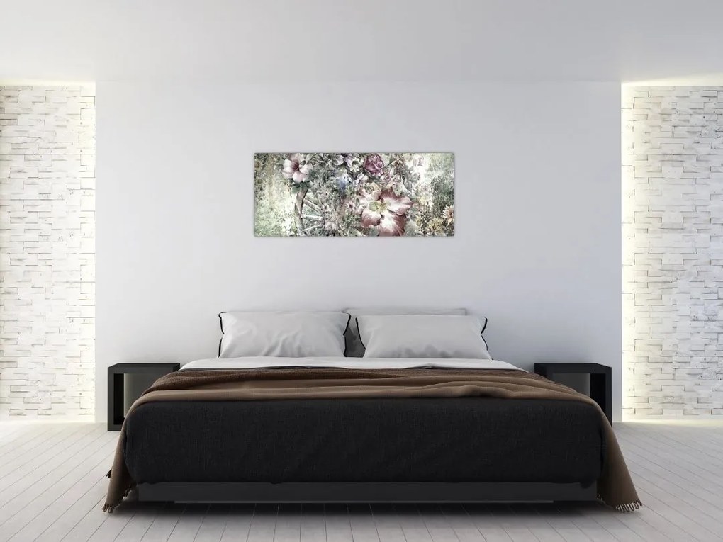 Tablou - Flori pe roata de lemn (120x50 cm)