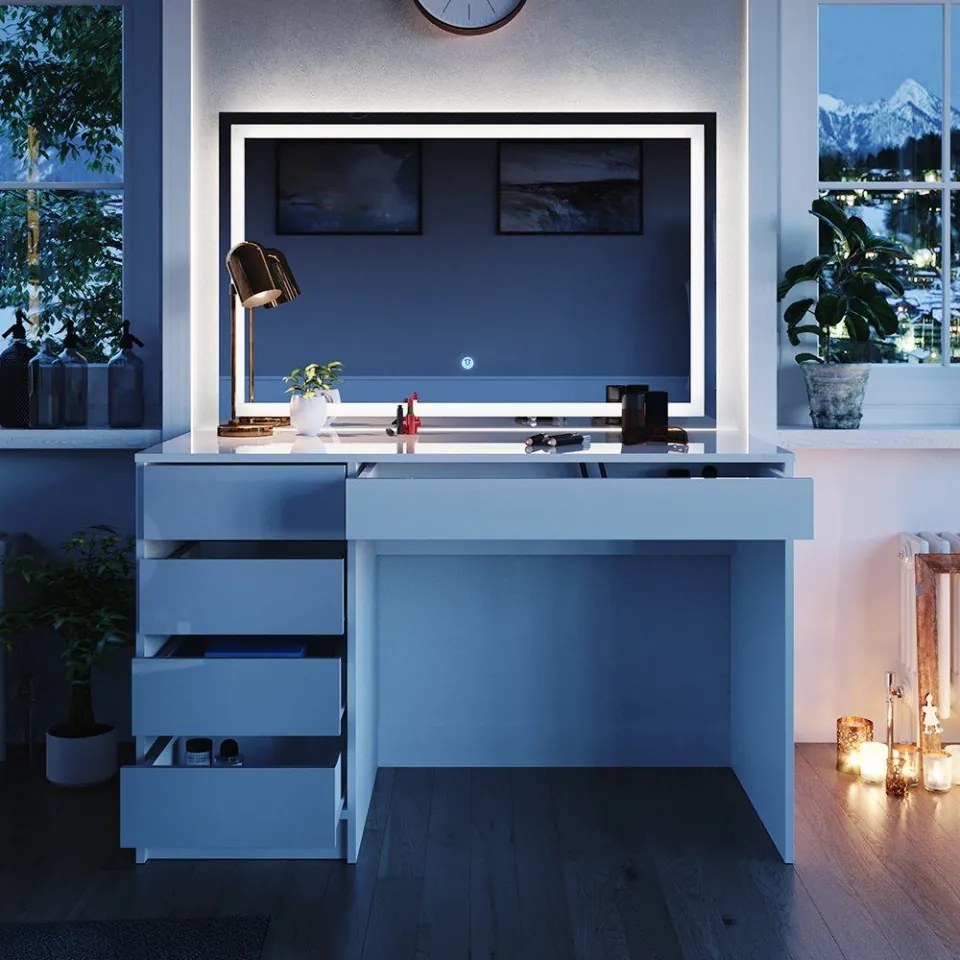 Masuta machiaj cu Oglinda LED si 5 Sertare pentru Cosmetice, Set Masa toaleta 120 cm, Alb Lucios, masuta cosmetica, vanity - SEA902