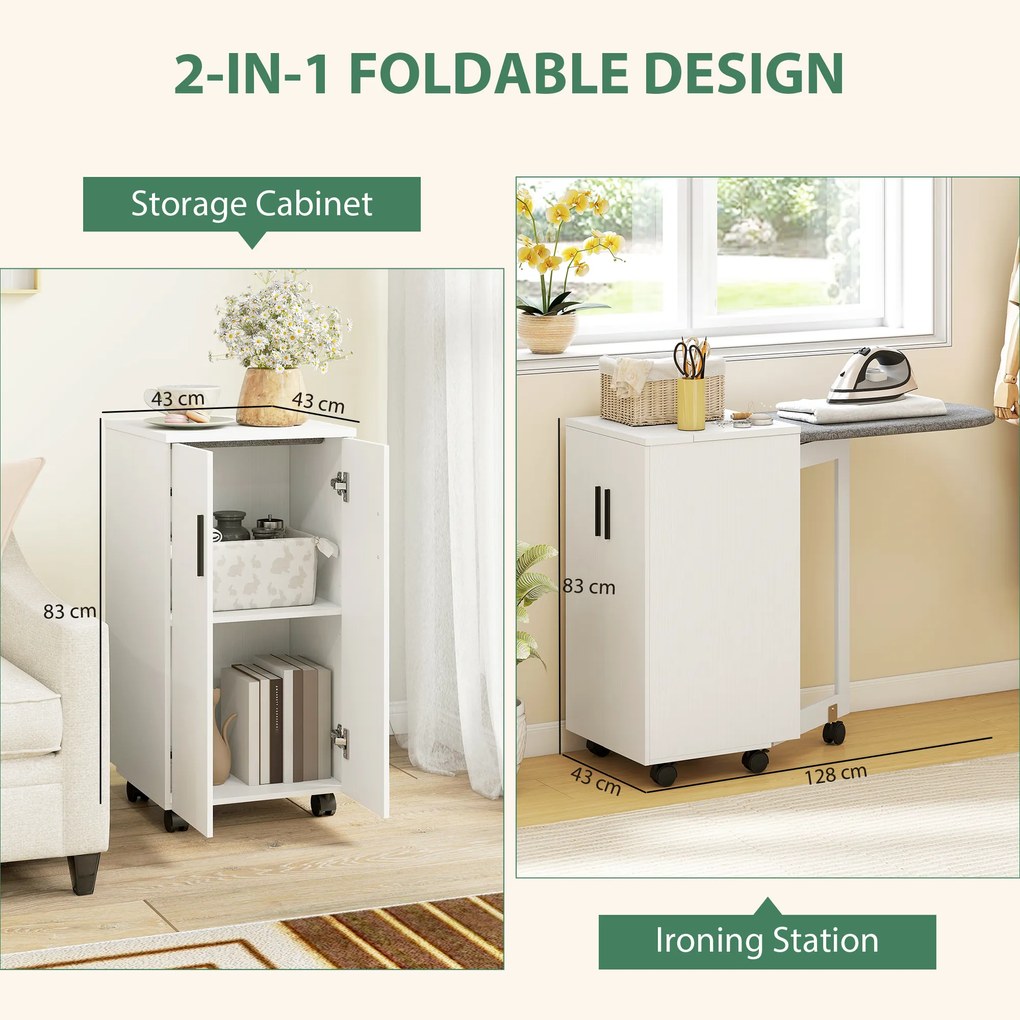 HOMCOM Mobilier pentru Masa de Călcat Pliabil cu Roți, Raft Reglabil și Închidere Soft Close, din Lemn și Material Textil, 128x43x83 cm, Alb | Aosom Romania