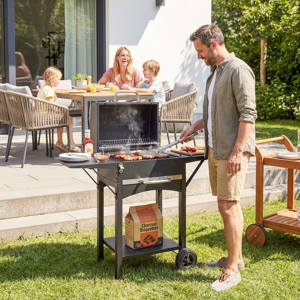 Outsunny Grătar pe cărbuni cu capac, BBQ Smoker cu 2 mese laterale, suprafață mare de gătit, grătar, termometru, roți | Aosom Romania