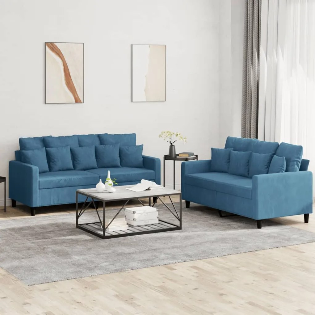 vidaXL Set de canapele cu perne, 2 piese, albastru, catifea