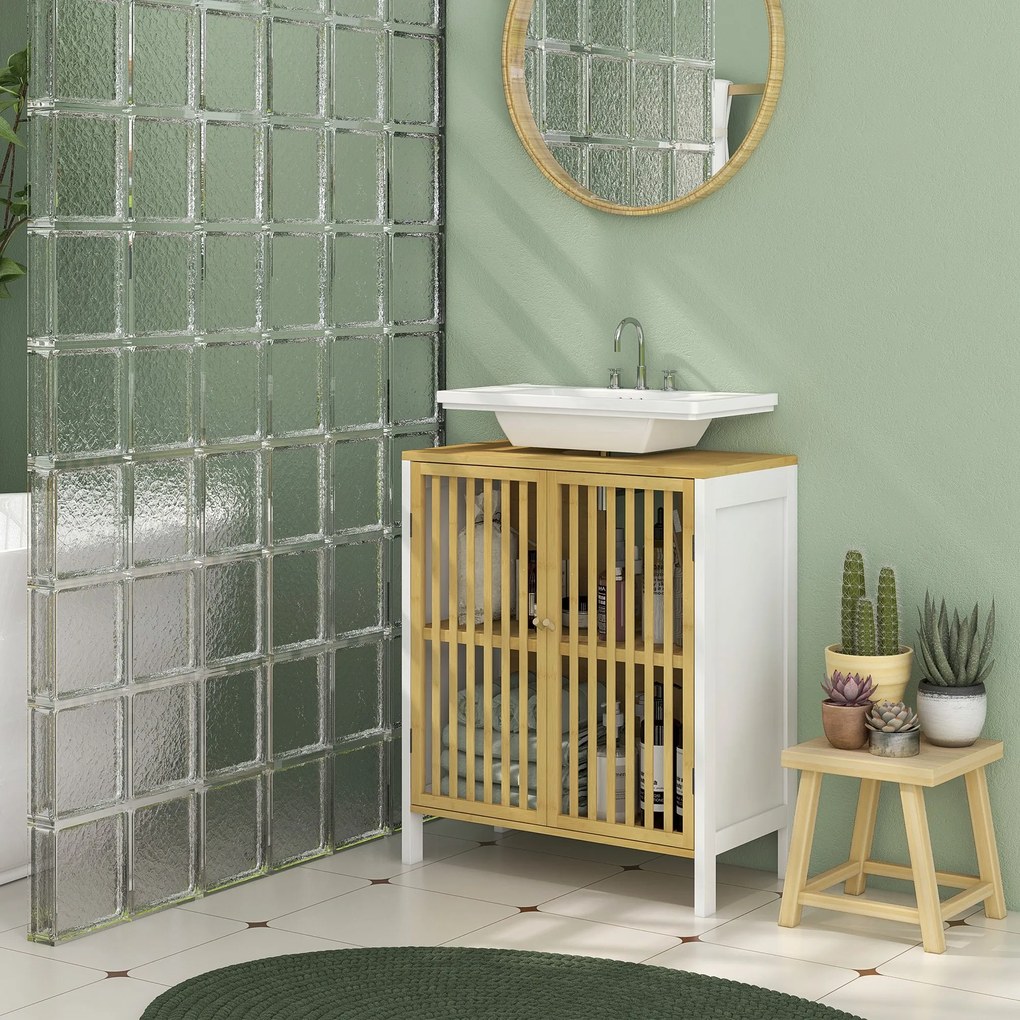 HOMCOM Dulap sub lavoar 2 uși cu raft reglabil dulap de depozitare pentru lavoar 60 x 30 x 70 cm MDF și bambus | Aosom Romania