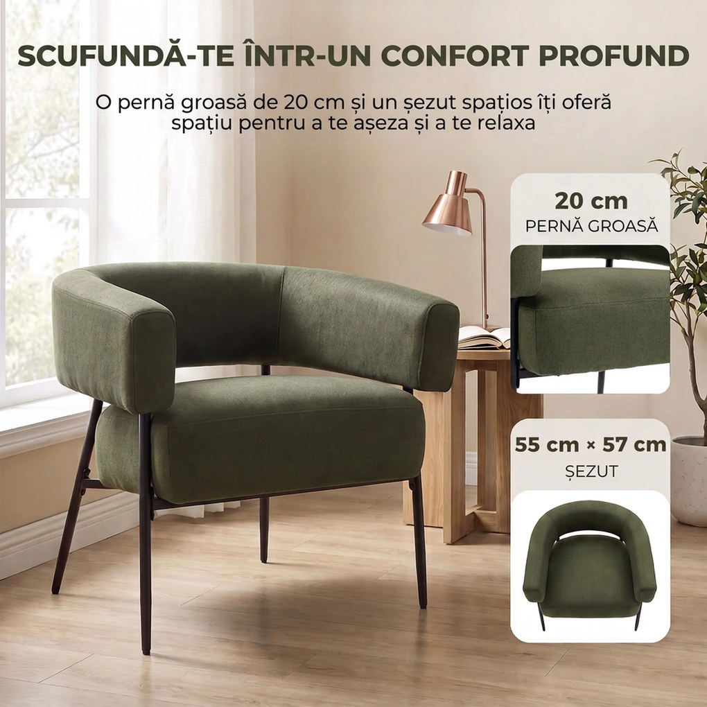 HOMCOM Fotoliu tapițat pentru living din țesătură cu aspect de in, șezut lat și adânc, spătar curbat, verde închis | Aosom Romania