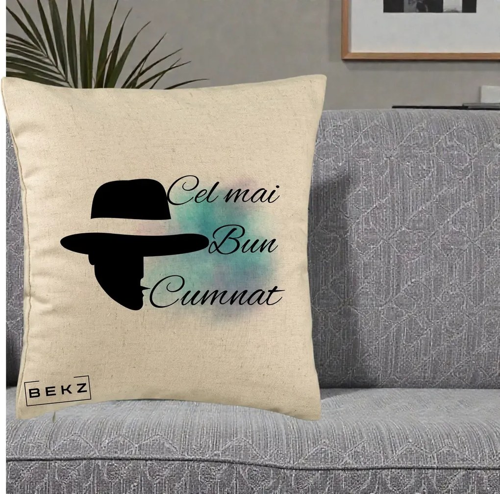 Cadou pentru Cumnat - Perna Personalizata Cel mai Bun Cumnat cu Silueta Palarie si Pete Teal-Roz, 40x40 cm, Bej, Husa Detasabila, Perna Inclusa, BEKZ®