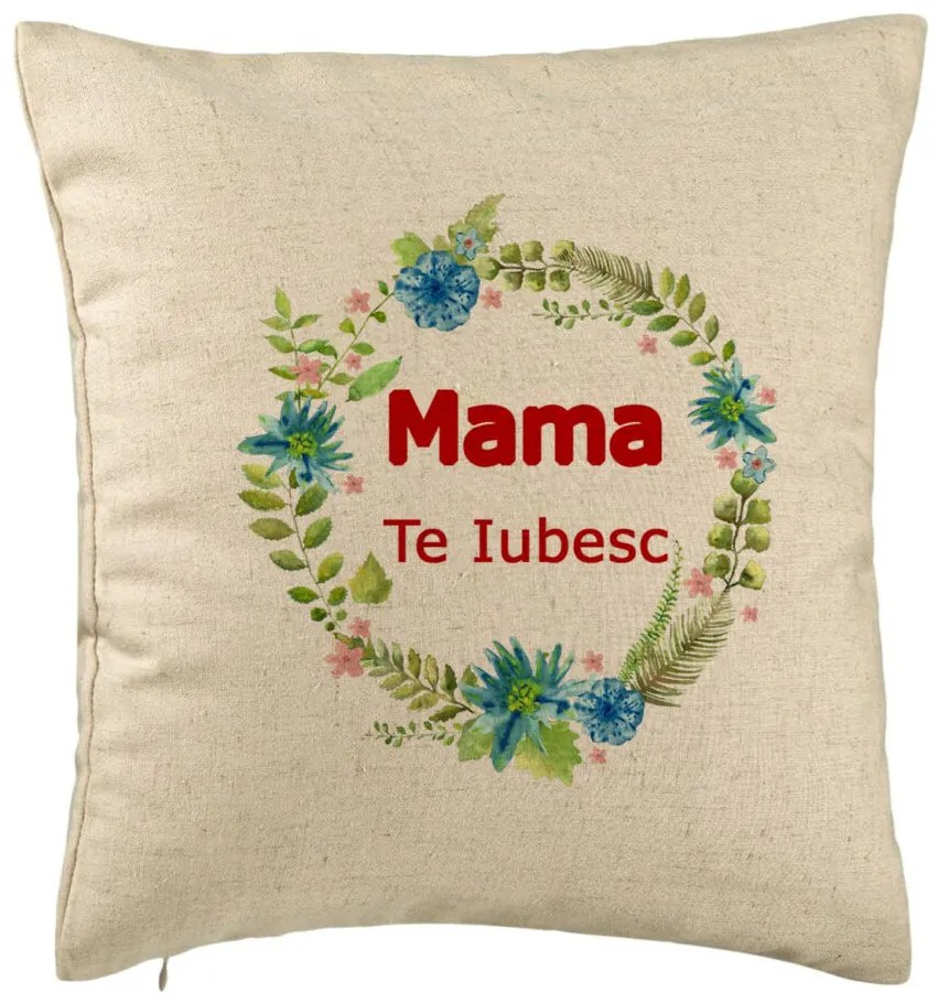 Perna Decorativa, Model Mama Te Iubesc, 40x40 cm, Bej, Husa Detasabila, Burduf