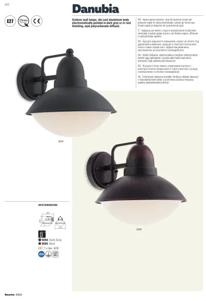 Redo 9095 - Aplică perete exterior DANUBIA 1xE27/42W/230V IP44