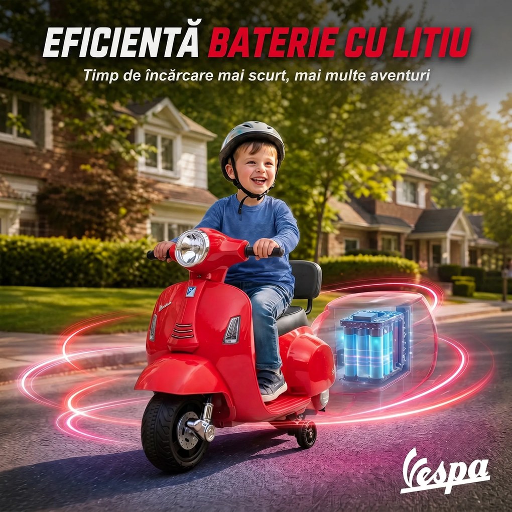 AIYAPLAY Motocicletă Electrică pentru Copii Mini Vespa Gts 7,2 V, 1,5-3 Ani, Roșie | Aosom Romania
