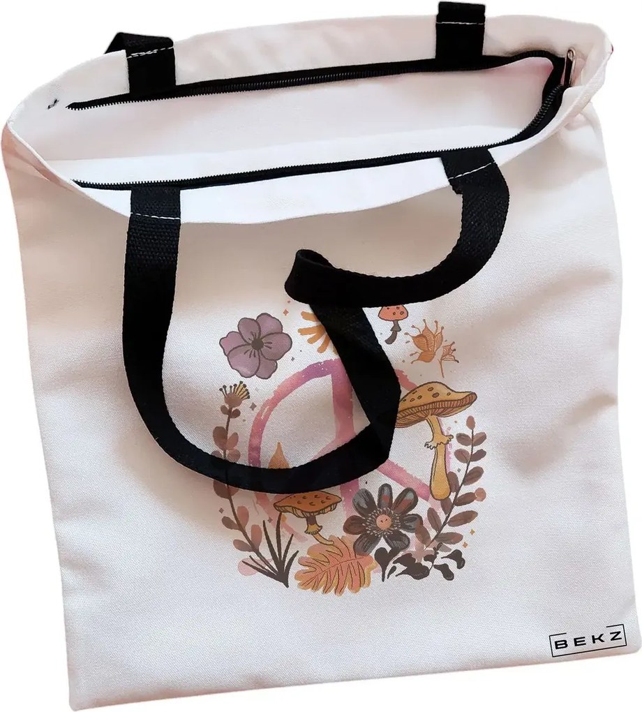Sacosa de Panza pentru Cumparaturi, Geanta Tote, Colorful Mushrooms 9, Cu fermoar, 38x34.5 cm, Alba, BEKZ®