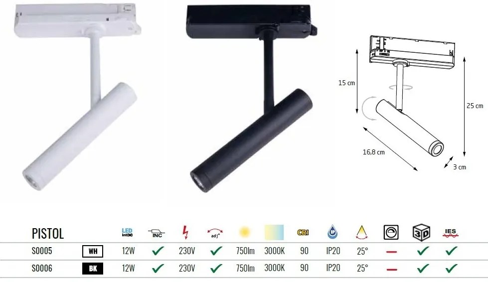 Spot LED directionabil pentru sina trifazata MAXLIGHT, PISTOL alb
