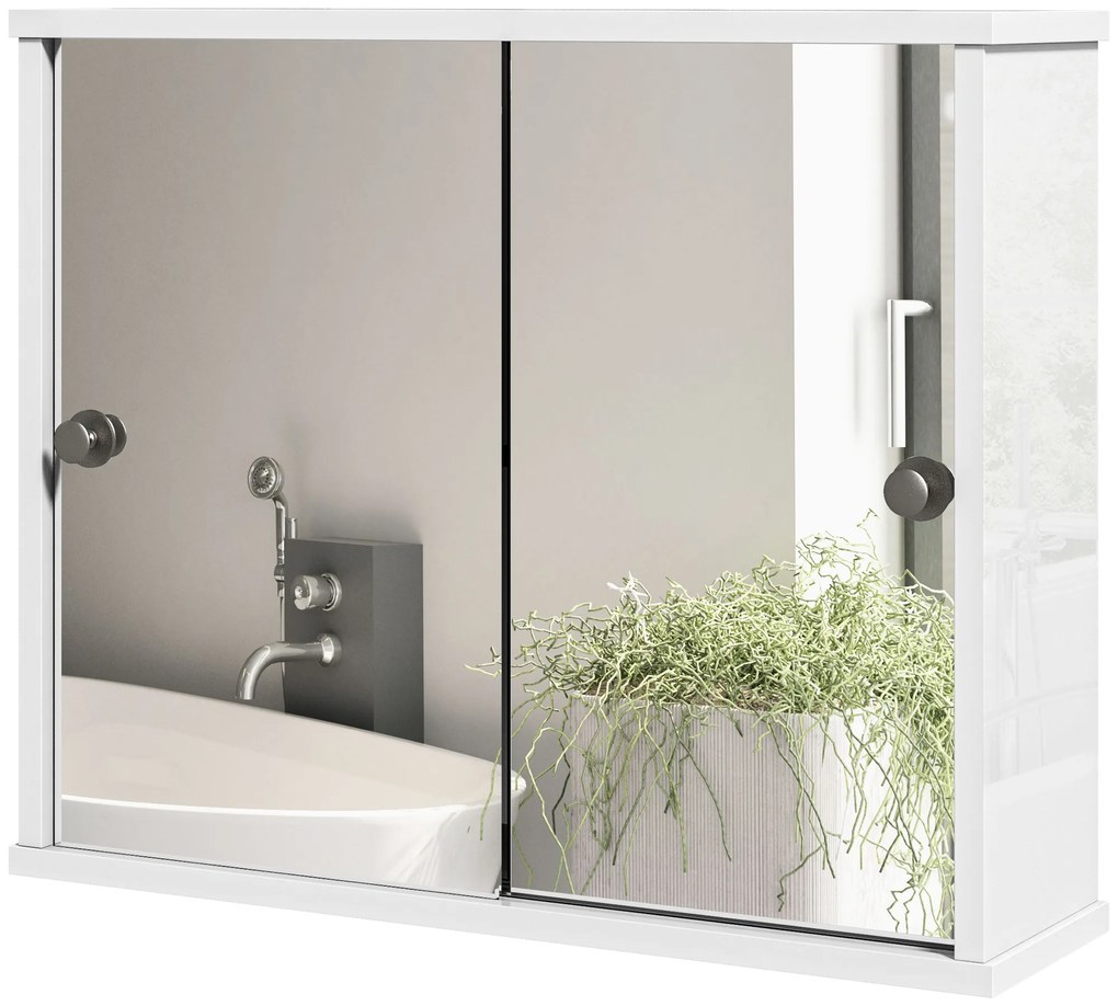 kleankin Dulap cu Oglindă de Perete cu Poliță Reglabilă și Ușă Glisantă Dublă pentru Lavoar 55x15x45 cm Alb Lucios | Aosom Romania