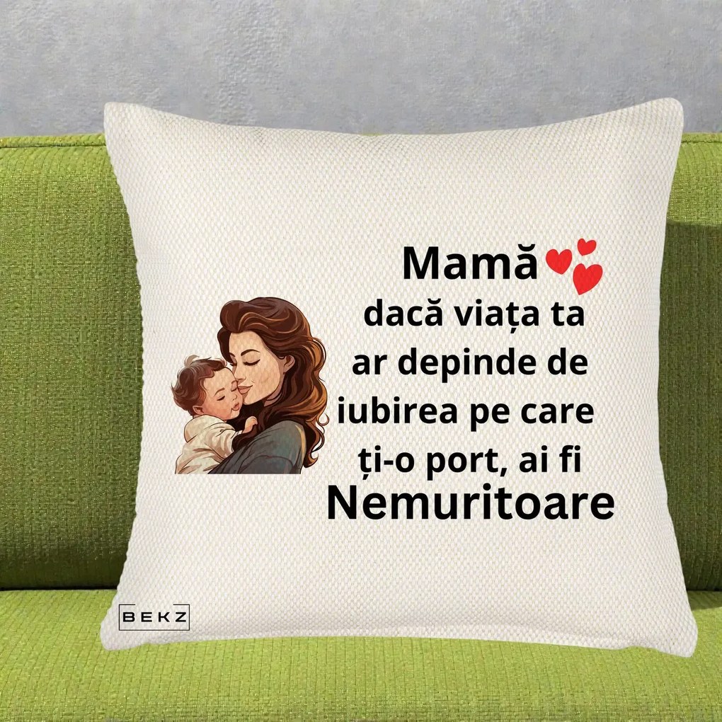 Cadou pentru Mama - Perna Personalizata Mama Nemuritoare cu Bebelus Lineart, 40x40 cm, Crem Reliefat, Husa Detasabila, Perna Inclusa, BEKZ®