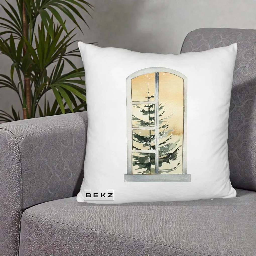 Perna Decorativa Fereastra cu Brad de Iarna, 40x40 cm, Alb Pufos, Husa Detasabila, Perna Inclusa, BEKZ®