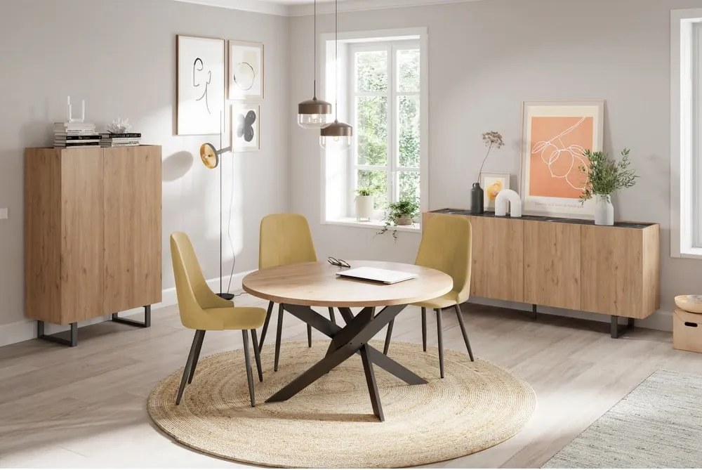 Masă de dining rotundă cu blat cu aspect de lemn de stejar 120x120 cm Ther – Marckeric