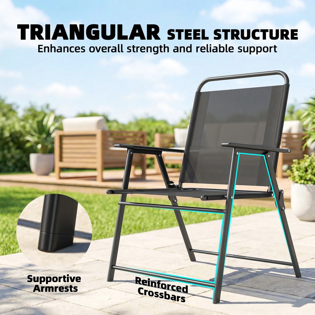 Outsunny Set de 4 Scaune de Camping Pliabile cu Spătar Înalt Șezut Lat și Cotiere Țesătură Textilene Respirabilă Negru | Aosom Romania