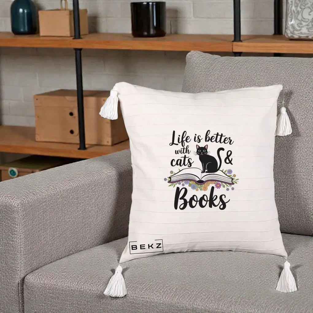 Perna Personalizata Life is Better Cats and Books, 40x40 cm, Bej cu Franjuri, Husa Detasabila, Perna Inclusa, BEKZ®