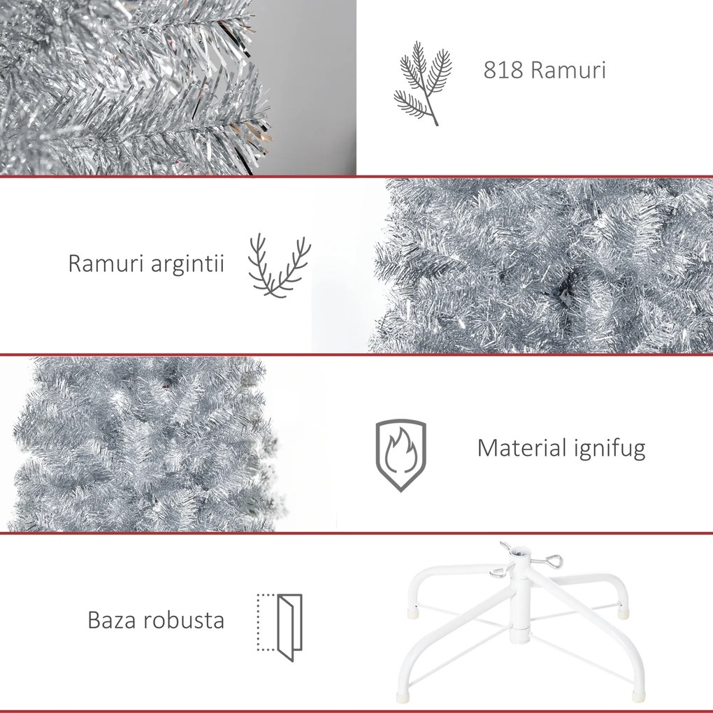 Brad de Craciun Artificial brad Argintiu Inalt 210 cm cu Baza Detasabila, decoratiune de Craciun HOMCOM | Aosom Romania