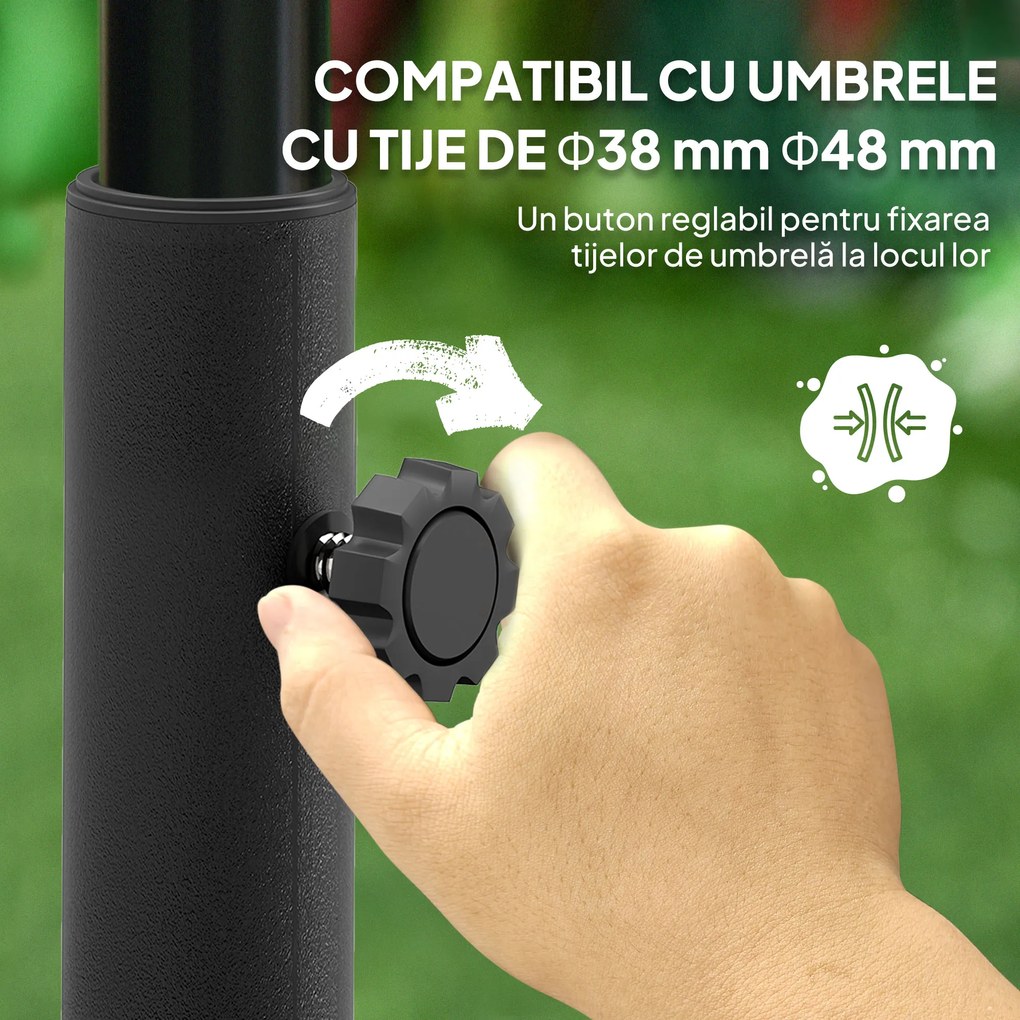 Outsunny Bază pentru Umbrelă cu Roți și 2 Frâne, Bază Reumplibilă din HDPE pentru Umbrelă cu Nisip 25 kg sau Apă 19 kg, pentru Stâlpi de Ø38/48 mm, 48x48x32,5 cm, Negru | Aosom Romania