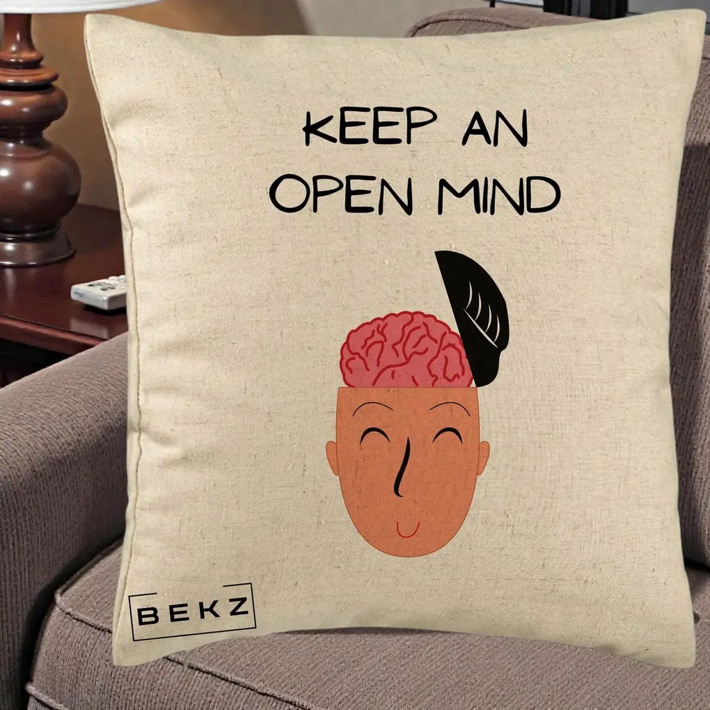 Perna Decorativa Keep An Open Mind, 40x40 cm, Bej, Husa Detasabila, Perna Inclusa, BEKZ®