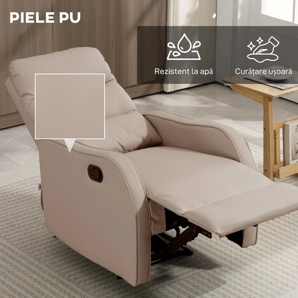 HOMCOM Fotoliu Reclinabil 160° cu Suport pentru Picioare, din Piele PU, Lemn și Oțel, 65x89x100 cm, Maro Deschis | Aosom Romania