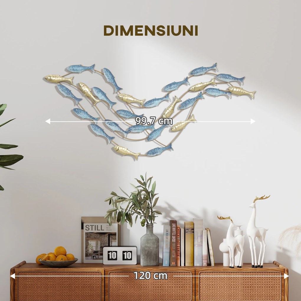 HOMCOM Artă de Perete cu Banc de Pești și Șuruburi Incluse pentru Casă și Birou, Decor Metalic, 99,7x3,8x50,2 cm, Auriu și Albastru | Aosom Romania