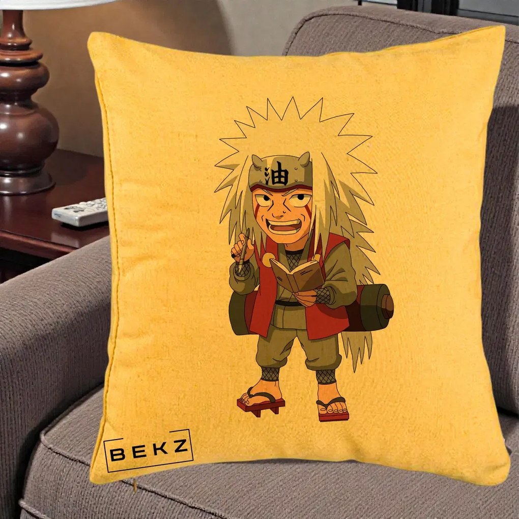 Perna Personalizata Naruto Jiraiya Sensei Chibi, 40x40 cm, Galben, Husa Detasabila, Perna Inclusa, BEKZ®