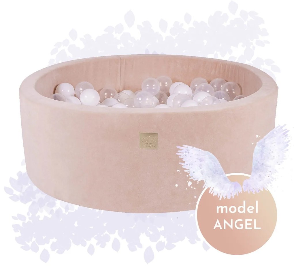 Piscina uscata cu 250 de bile (Alb, Transparent, Alb perlat) MeowBaby  , Angel, 90x30 cm, Catifea Ecru