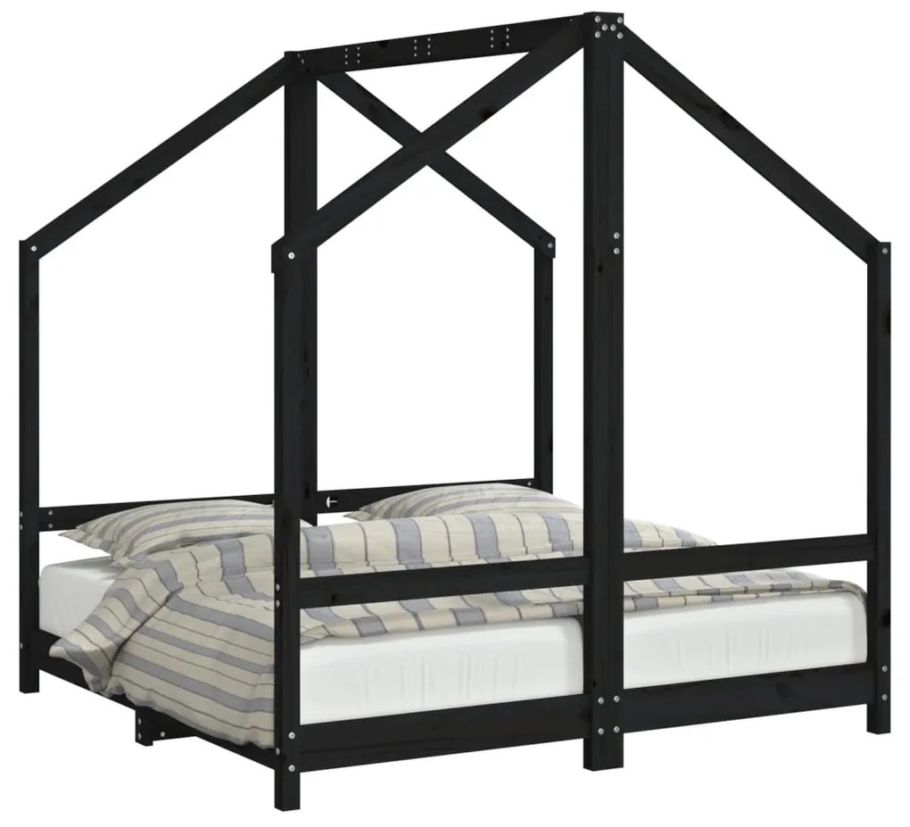 3200594 vidaXL Cadru de pat pentru copii, negru, 2x(70x140) cm, lemn masiv pin