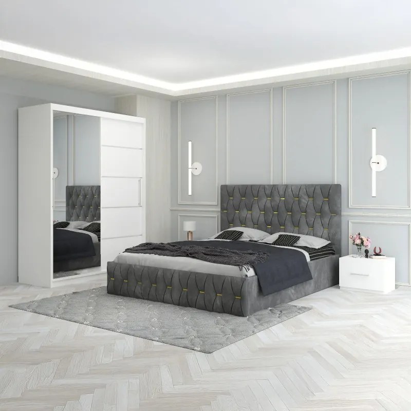 Set Mobila De Dormitor Eric Gri, pat tapitat 160x200cm,  dulap cu oglinda 150x210cm, noptiere
