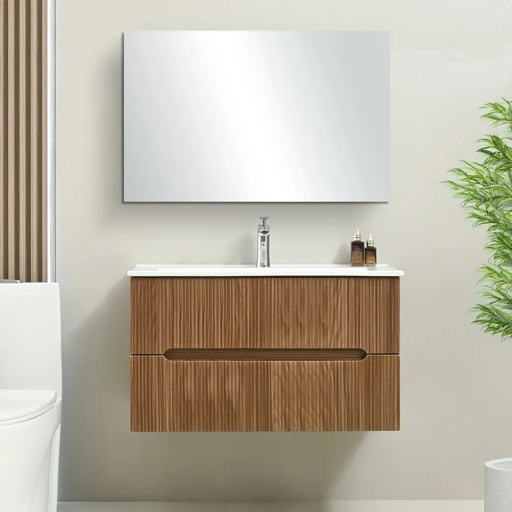Mobilier de baie Trent 100 cm cu chiuvetă ceramică (2 sertare) și oglindă 60x100 cm stejar apus de soare