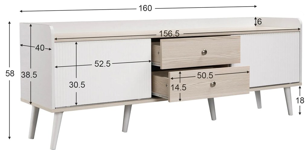 Comodă TV cu 2 sertare, uși glisante cu dungi și picioare stabile din lemn, 160x40x58 cm, Alb