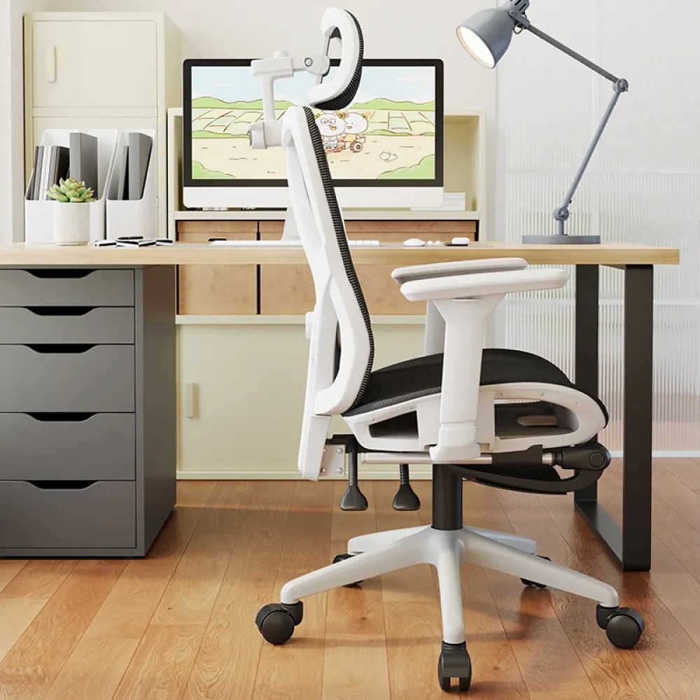 Scaun ergonomic cu suport lombar 4D, tetieră reglabilă 4D, cotiere 3D, pivotant 360°, suport pentru picioare, Mesh, Alb/Negru