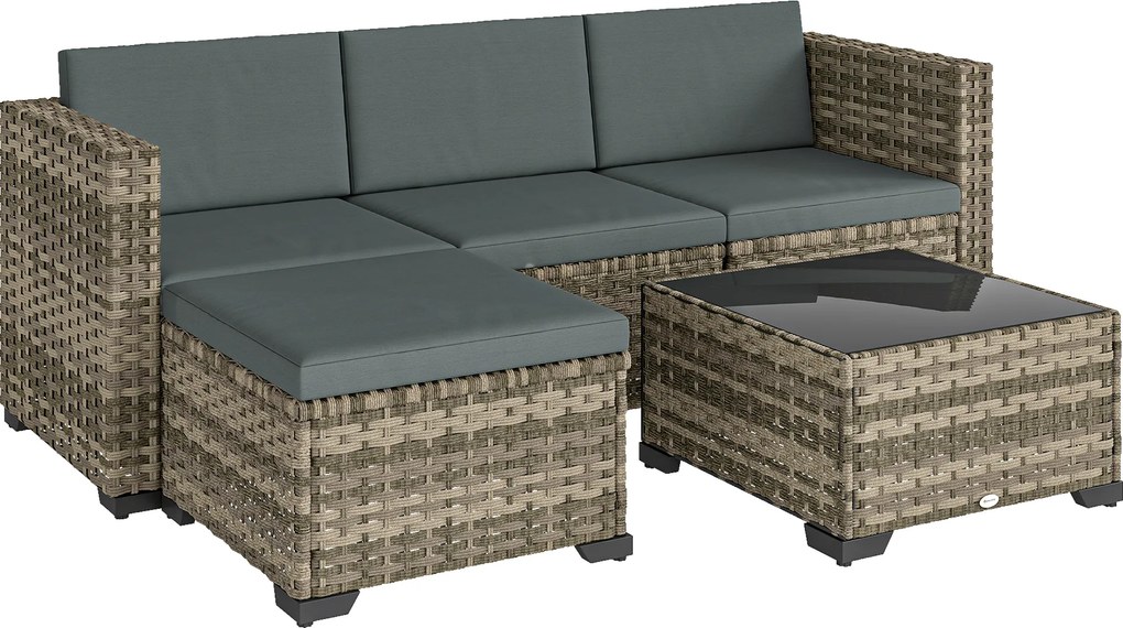 Outsunny Set exterior de grădină din ratan 5 piese cu perne 2 fotolii de colț fotoliu fără brațe suport pentru picioare și masă | Aosom Romania