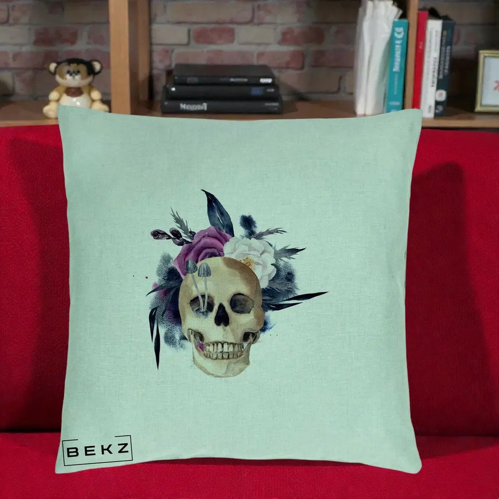Perna Decorativa Craniu Floral cu Trandafiri si Ciuperci, 40x40 cm, Verde Menta, Husa Detasabila, Perna Inclusa, BEKZ®