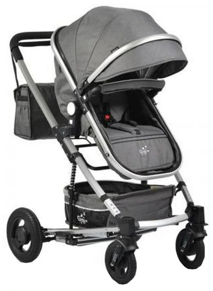 Carucior nou nascuti 2 in 1 NOVOKIDS™ GIGI PRO , Cu geanta bebe inclusa, Roti din cauciuc plin AVE, Cadru aluminiu Silver, Maner reversibil, Spatar
