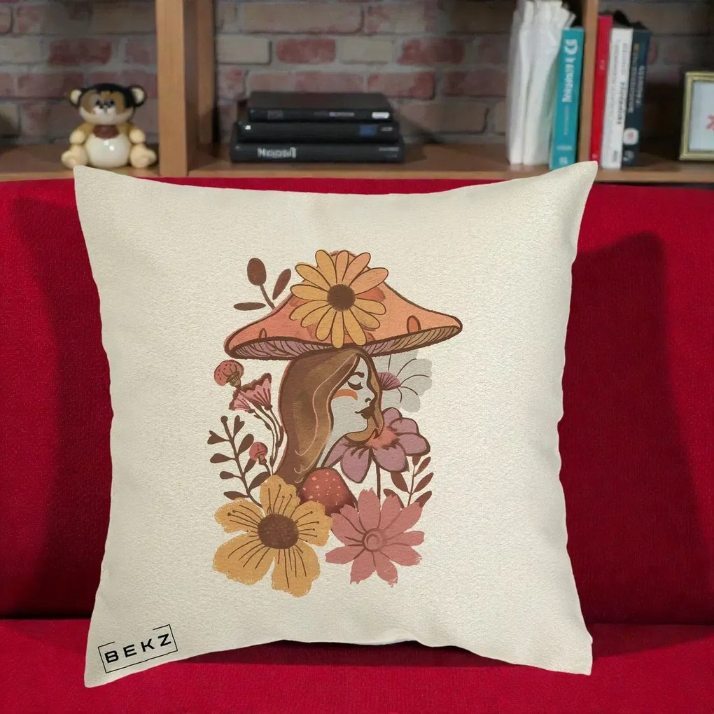 Perna Decorativa Fata Ciuperca Florala Boho, 40x40 cm, Ecru, Husa Detasabila, Perna Inclusa, BEKZ®