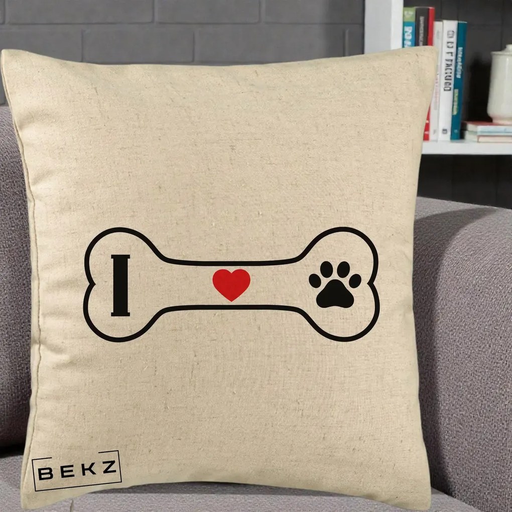 Perna Personalizata I Love Dog Os si Labuta, 40x40 cm, Bej, Husa Detasabila, Perna Inclusa, BEKZ®