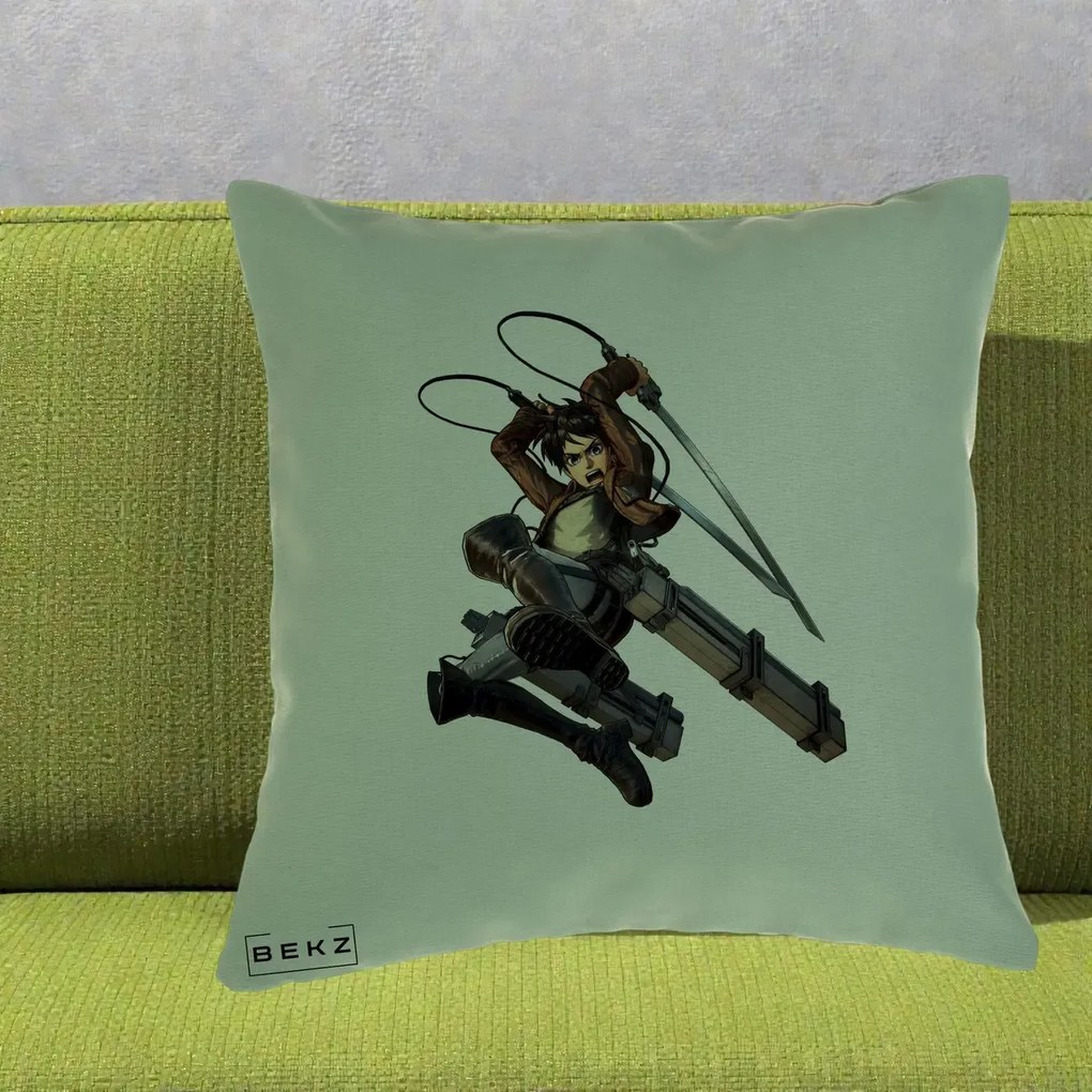 Perna Personalizata Attack on Titan Eren Yeager Lupta, 40x40 cm, Verde, Husa Detasabila, Perna Inclusa, BEKZ®