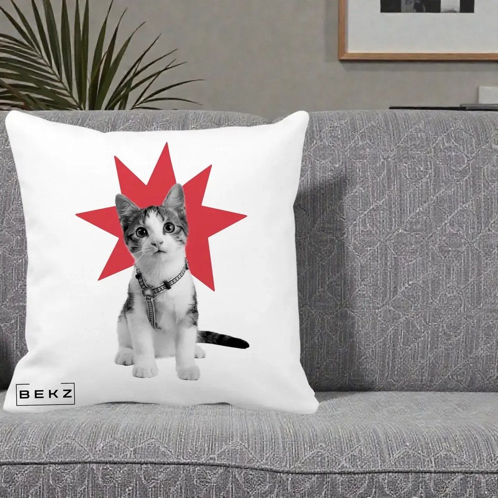 Perna Decorativa Pisica Star Pop Art, 40x40 cm, Alba Mata, Husa Detasabila, Perna Inclusa, BEKZ®