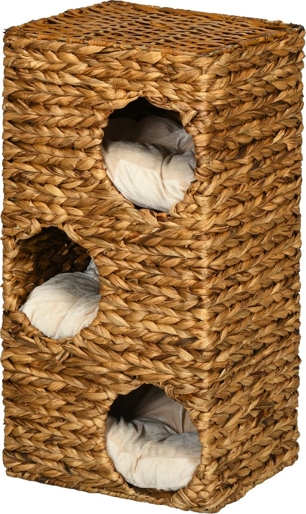 PawHut Copac pentru pisici cu turn de zgâriat, 3 etaje, perne căptușite, deschideri pentru ușă, hiacint de apă, maro deschis | Aosom Romania