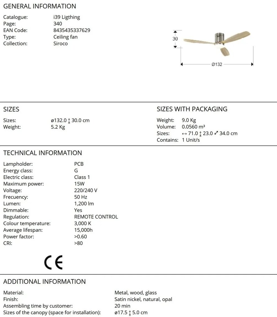 Lustra LED cu Ventilator si telecomanda Siroco D-132cm nichel/lemn