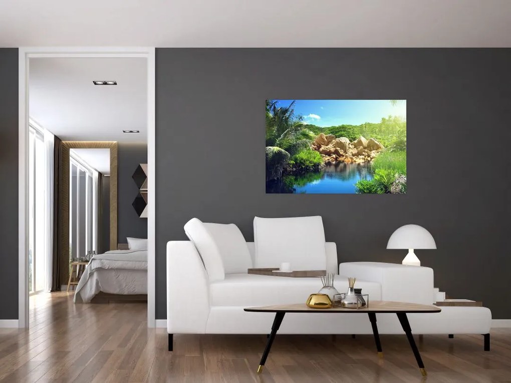 Tablou cu lac în jungla din Seychelles (90x60 cm)