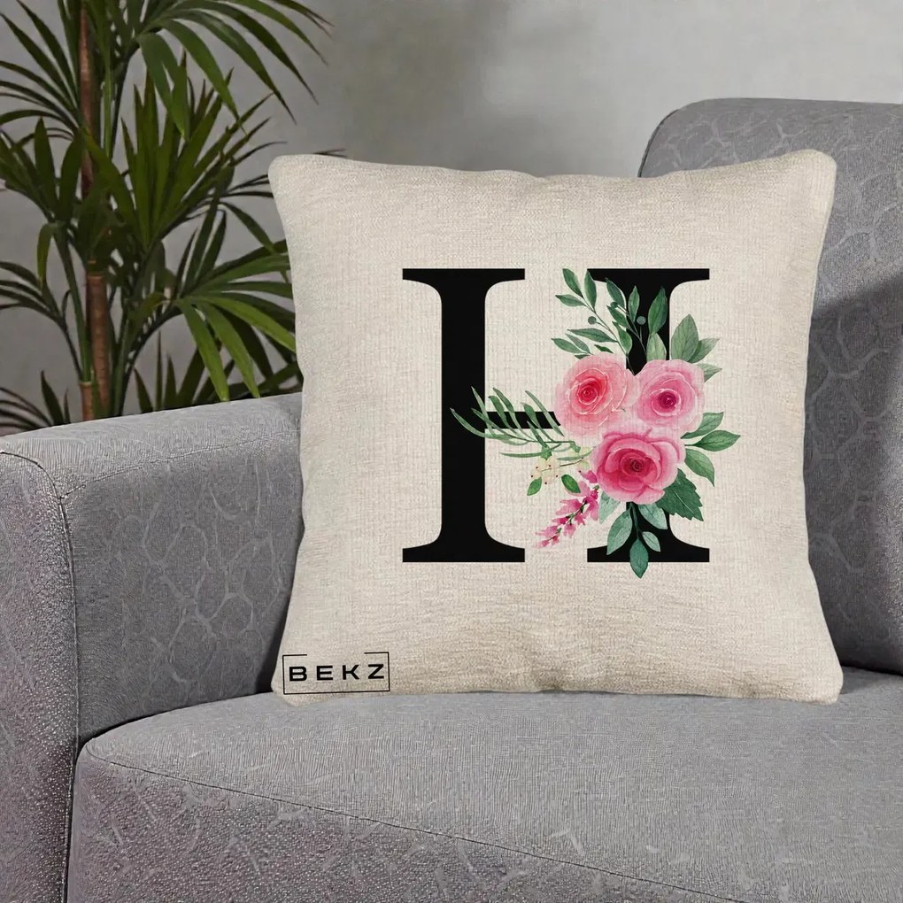 Cadou Personalizat - Perna Personalizata Monograma Florala Litera H cu Trandafiri Roz, 40x40 cm, Bej Canapea, Husa Detasabila, Perna Inclusa, BEKZ®