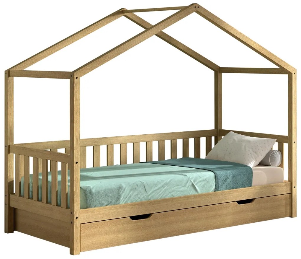 Pat Căsuță NATURE cu Protecție Integrată și Sertar, Stejar Masiv – Dallas – Vipack