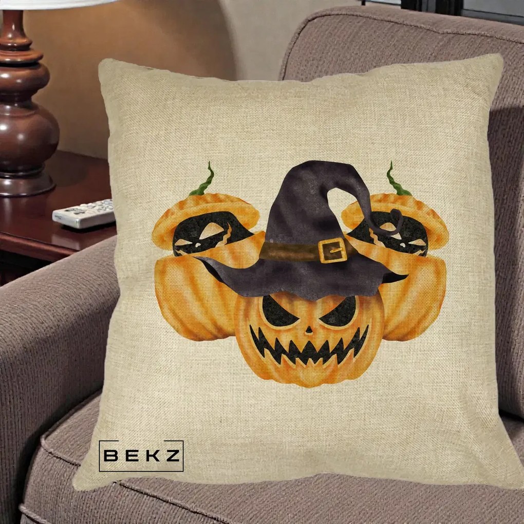 Perna Decorativa Trio Dovleci Jack-o-Lantern cu Palarie Vrajitoare, 40x40 cm, Crem, Husa Detasabila, Perna Inclusa, BEKZ®