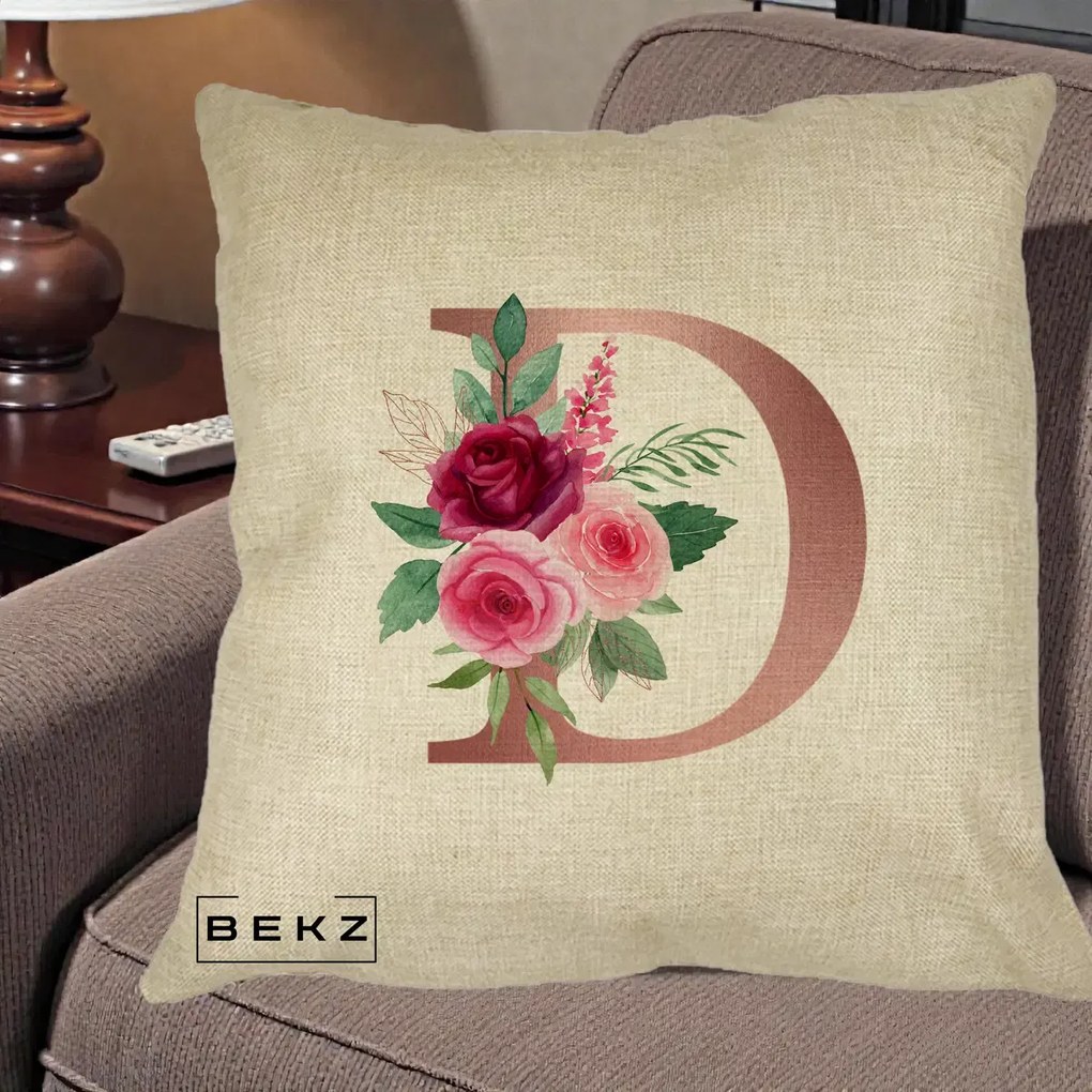Cadou Personalizat - Perna Personalizata Monograma Rose Gold Litera D, 40x40 cm, Crem, Husa Detasabila, Perna Inclusa, BEKZ®