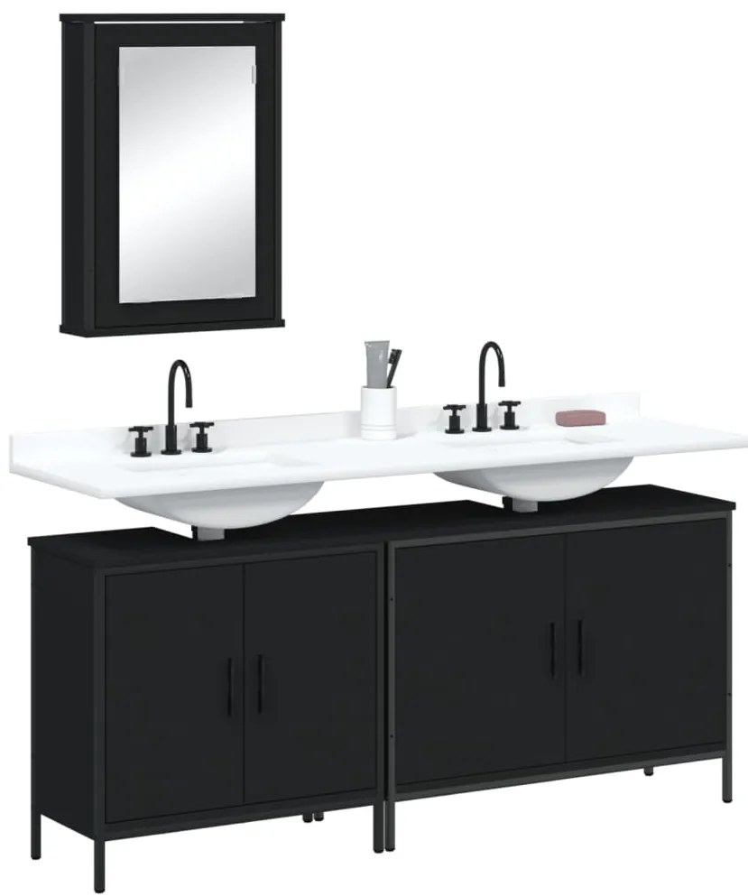 vidaXL Set mobilier de baie, 3 piese, negru, lemn compozit