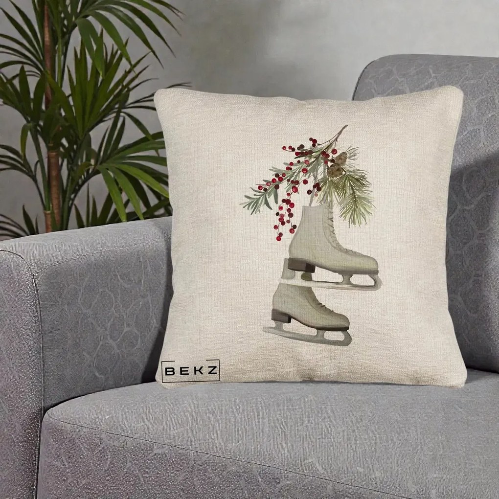 Perna Decorativa Patine cu Ramuri de Brad si Afine, 40x40 cm, Bej Canapea, Husa Detasabila, Perna Inclusa, BEKZ®
