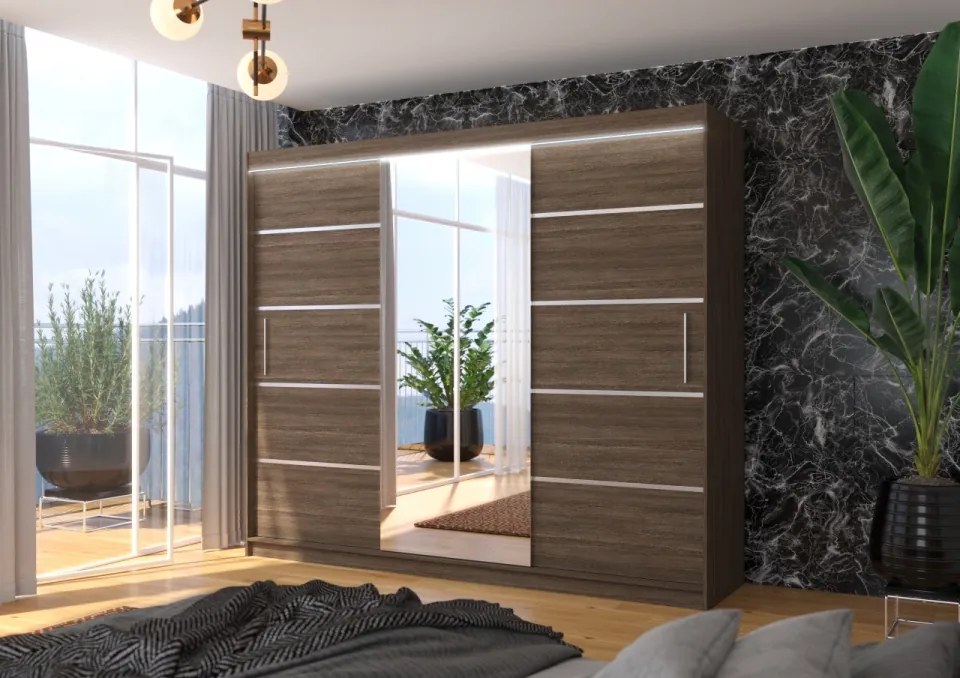 Dulap cu usi glisante si oglinda + iluminare LED, Salto 250 + LED, 250 cmx215cmx58 cm, ADRK Furniture (Culoare: Alb)