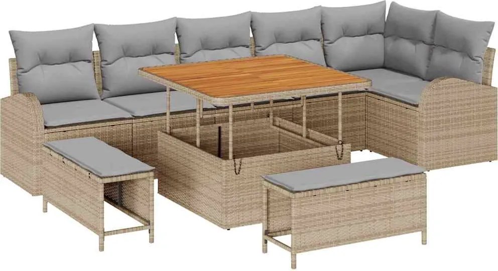 vidaXL Set de canapele pentru grădină cu pernă 9 pcs Bej poliratan