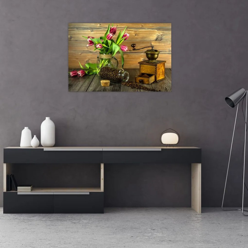 Tablou - lalele, râșniță și cafea (90x60 cm)